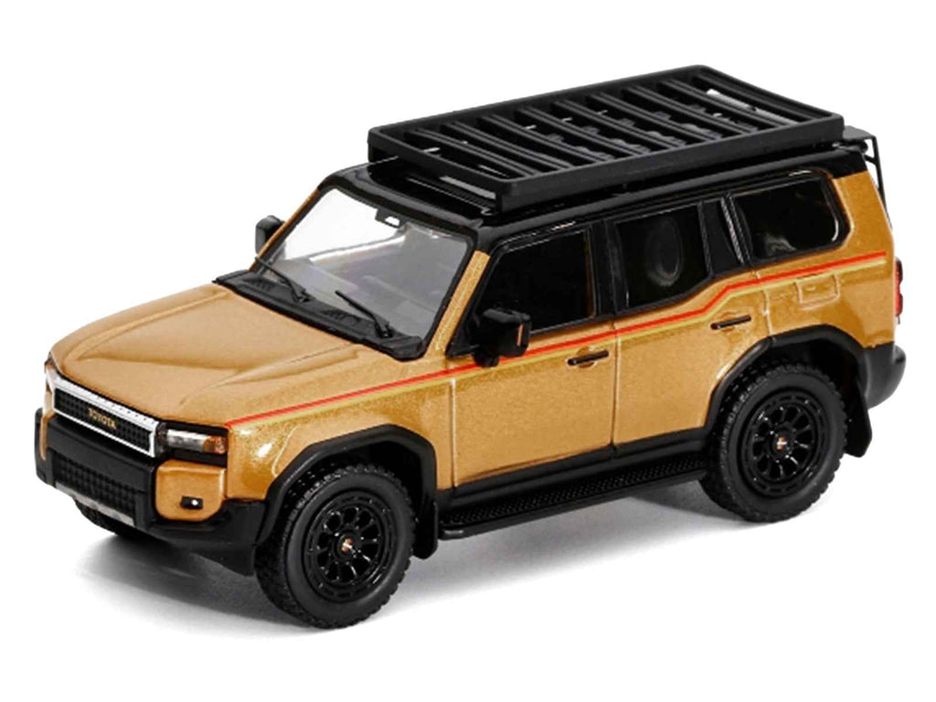 2024 Toyota Land Cruiser Prado Gold Metallic with Red Stripes and Roof Rack 1/64 Diecast Model Car by GCD
