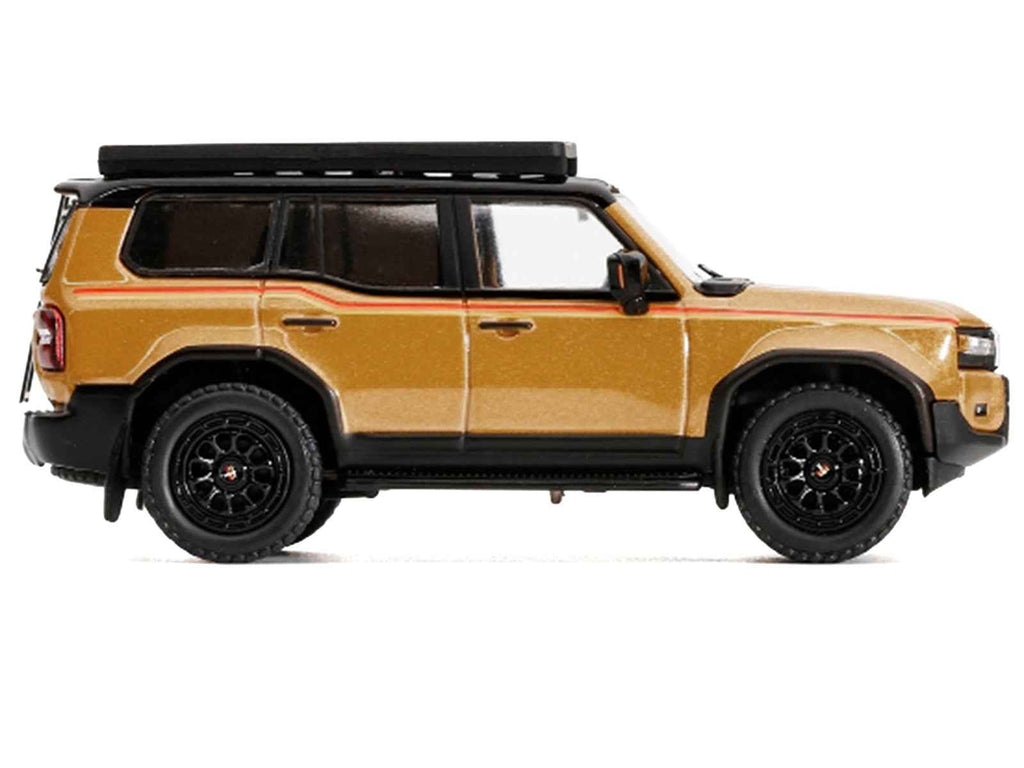 2024 Toyota Land Cruiser Prado Gold Metallic with Red Stripes and Roof Rack 1/64 Diecast Model Car by GCD