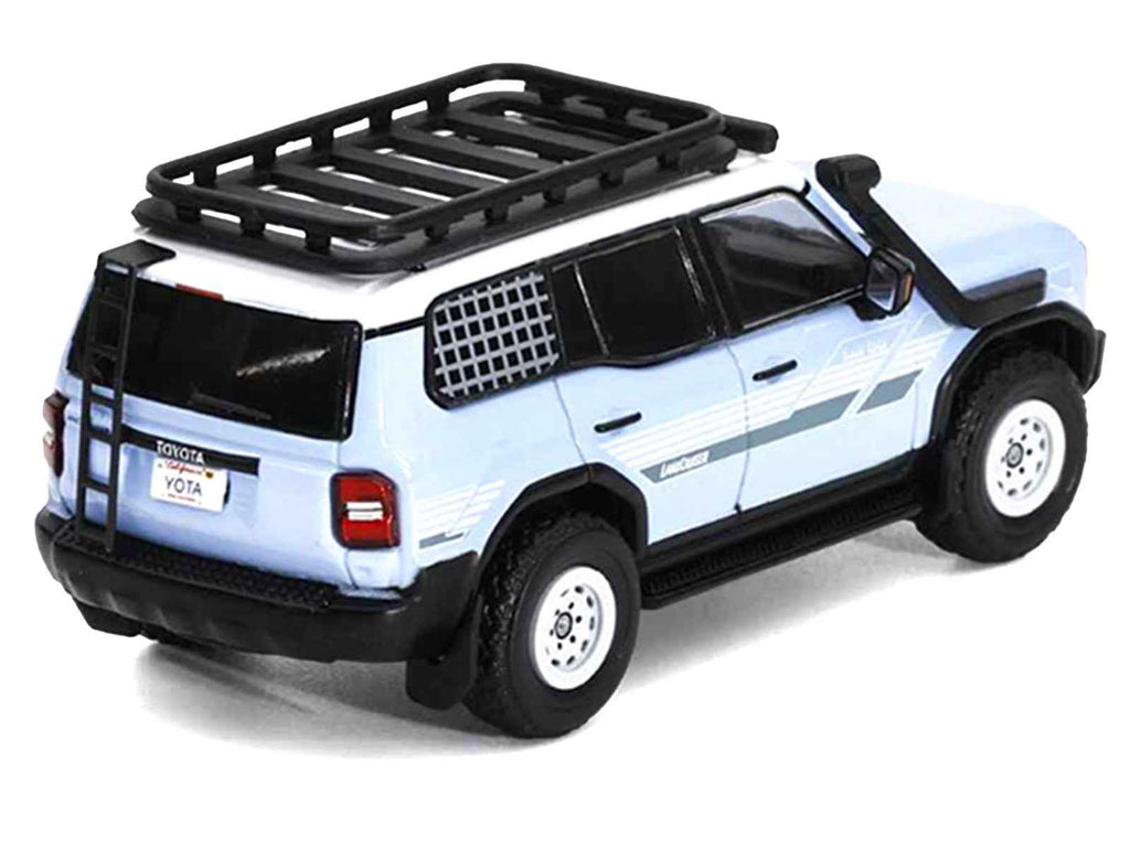 2024 Toyota Land Cruiser Prado Light Blue with White Top and Stripes with Roof Rack and Accessory 1/64 Diecast Model Car by GCD