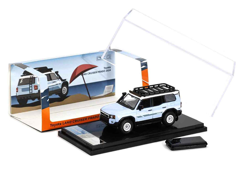 2024 Toyota Land Cruiser Prado Light Blue with White Top and Stripes with Roof Rack and Accessory 1/64 Diecast Model Car by GCD