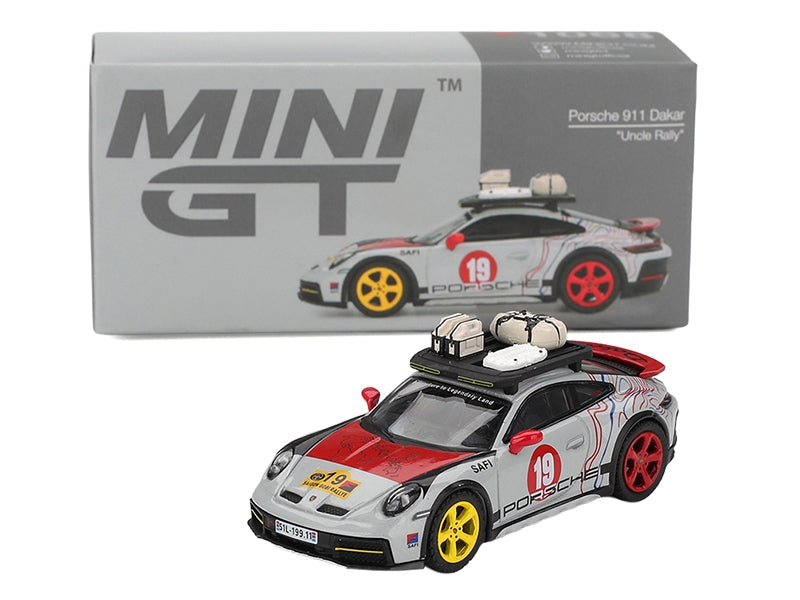 Porsche 911 Dakar #19 "Uncle Rally" Gray with Graphics and Roof Rack Limited Edition 1/64 Diecast Model Car by Mini GT