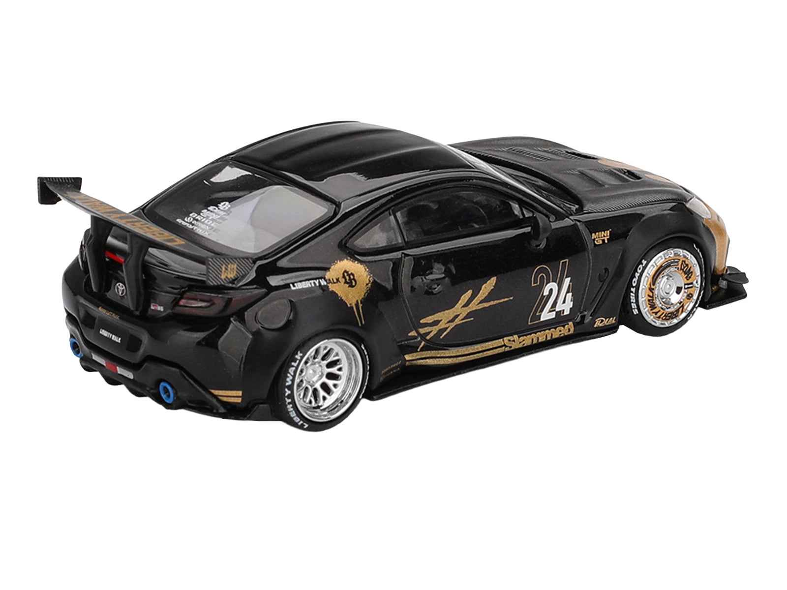 Toyota GR86 "LB-Nation - Liberty Walk" #24 Black with Carbon Hood and Gold Graphics Limited Edition 1/64 Diecast Model Car by Mini GT