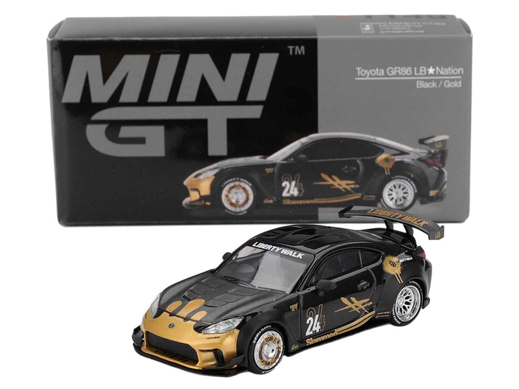 Toyota GR86 "LB-Nation - Liberty Walk" #24 Black with Carbon Hood and Gold Graphics Limited Edition 1/64 Diecast Model Car by Mini GT