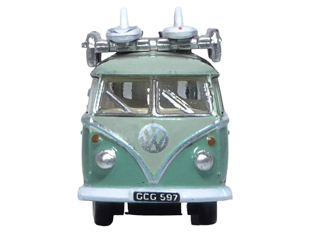 Volkswagen T1 Samba Bus RHD (Right Hand Drive) Green Two-Tone with Surfboards on Roof Rack 1/148 (N) Scale Diecast Model Car by Oxford Diecast