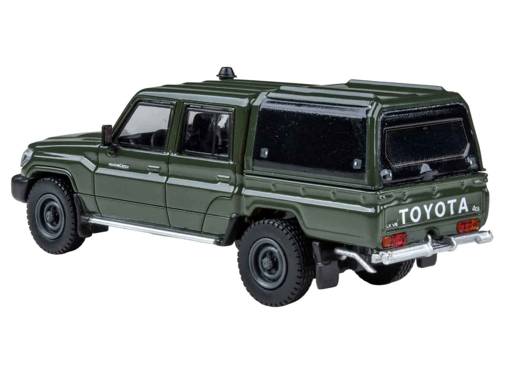 2014 Toyota Land Cruiser LC 79 with Camper Shell Military Green 1/64 Diecast Model Car by Paragon Models