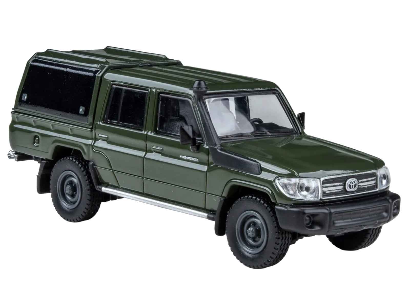 2014 Toyota Land Cruiser LC 79 with Camper Shell Military Green 1/64 Diecast Model Car by Paragon Models