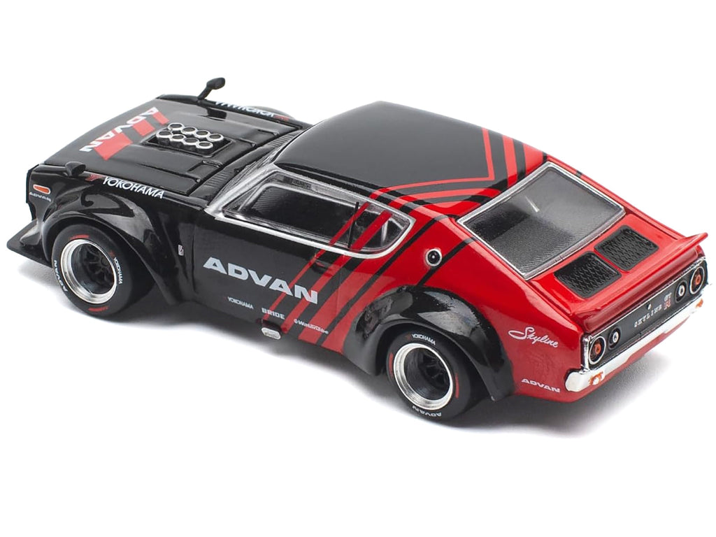 Skyline KPGC110 "Kenmeri" RHD (Right Hand Drive) "ADVAN" Black and Red 1/64 Diecast Model Car by Pop Race