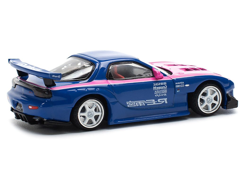 Mazda RX-7 RE-Amemiya Widebody RHD (Right Hand Drive) Blue with Pink Hood and Stripes 1/64 Diecast Model Car by Pop Race
