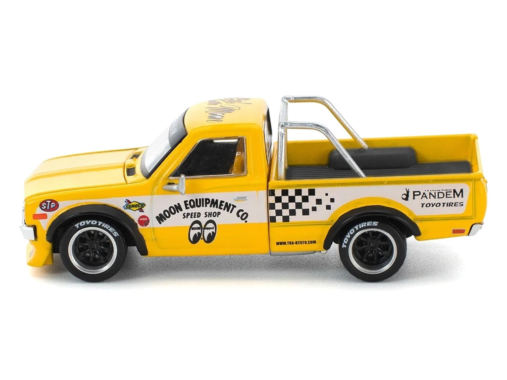 Datsun Pandem 620 Pickup Truck "MoonEyes" Yellow with White Sides and Graphics 1/64 Diecast Model Car by Pop Race