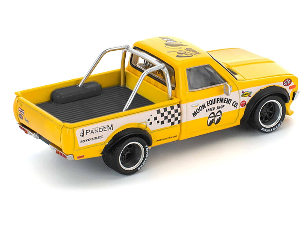 Datsun Pandem 620 Pickup Truck "MoonEyes" Yellow with White Sides and Graphics 1/64 Diecast Model Car by Pop Race