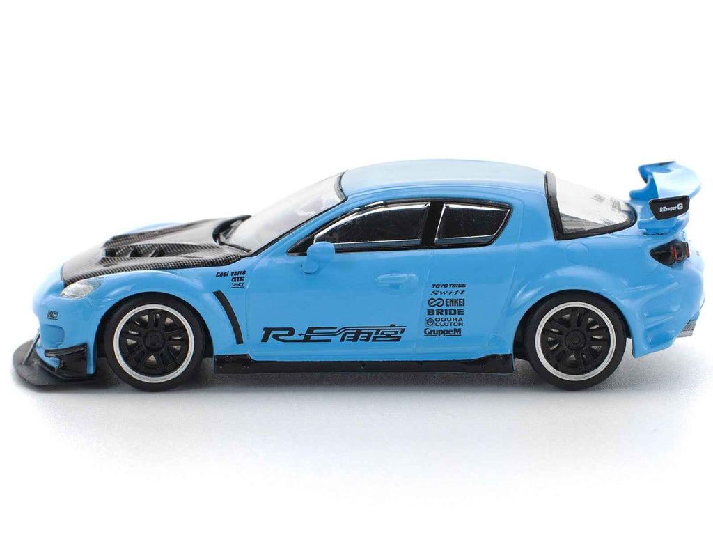 Mazda RX8 RE-Amemiya Widebody RHD (Right Hand Drive) Light Blue with Carbon Hood 1/64 Diecast Model Car by Pop Race