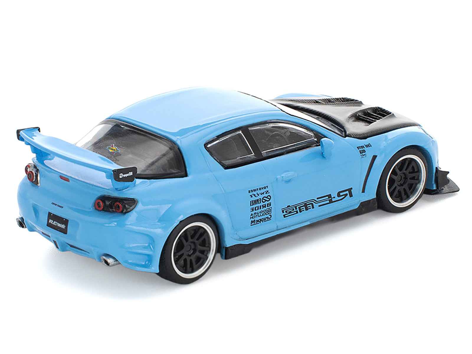 Mazda RX8 RE-Amemiya Widebody RHD (Right Hand Drive) Light Blue with Carbon Hood 1/64 Diecast Model Car by Pop Race