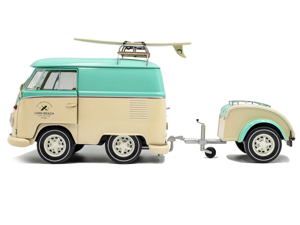 2024 Volkswagen Cool Combi Van with Trailer "Long Beach Surfing Club" Mint Green and Cream with Roof Rack and Surfboard 1/18 Diecast Model Car by Solido