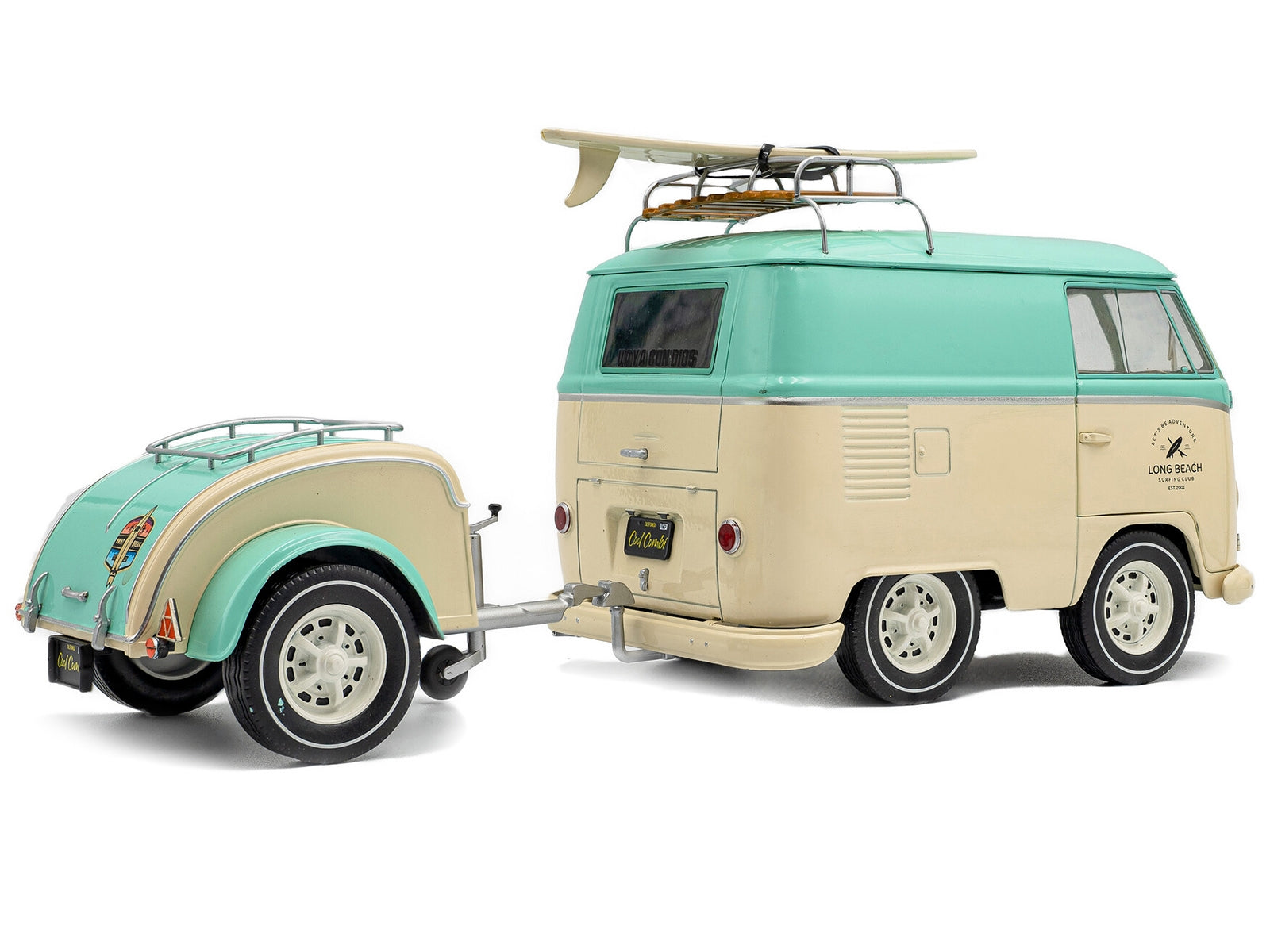 2024 Volkswagen Cool Combi Van with Trailer "Long Beach Surfing Club" Mint Green and Cream with Roof Rack and Surfboard 1/18 Diecast Model Car by Solido