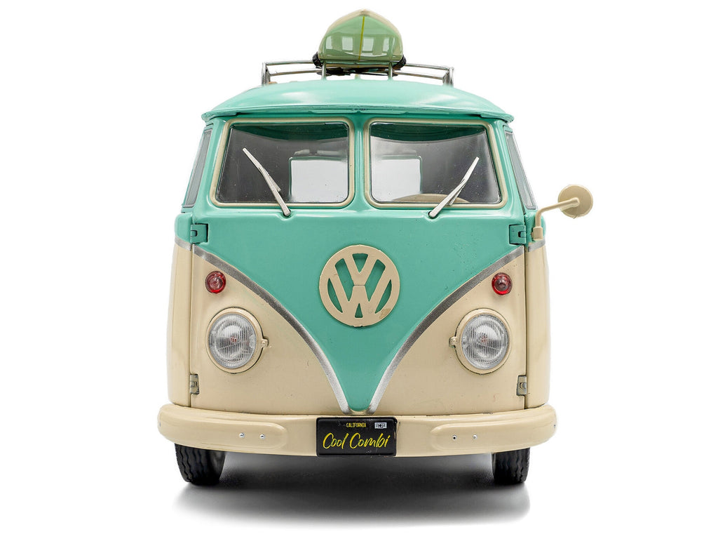 2024 Volkswagen Cool Combi Van with Trailer "Long Beach Surfing Club" Mint Green and Cream with Roof Rack and Surfboard 1/18 Diecast Model Car by Solido