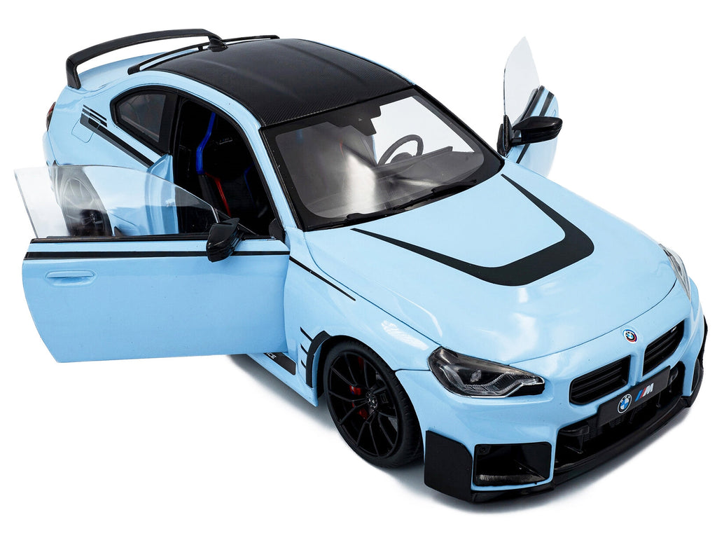2024 BMW M2 Performance Parts Zandvoort Blue with Carbon Top and Black Stripes 1/18 Diecast Model Car by Solido