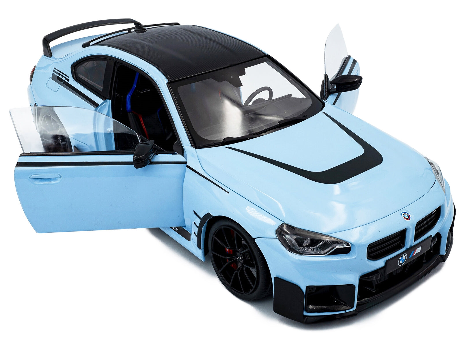 2024 BMW M2 Performance Parts Zandvoort Blue with Carbon Top and Black Stripes 1/18 Diecast Model Car by Solido