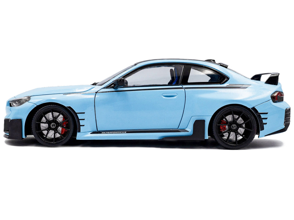 2024 BMW M2 Performance Parts Zandvoort Blue with Carbon Top and Black Stripes 1/18 Diecast Model Car by Solido