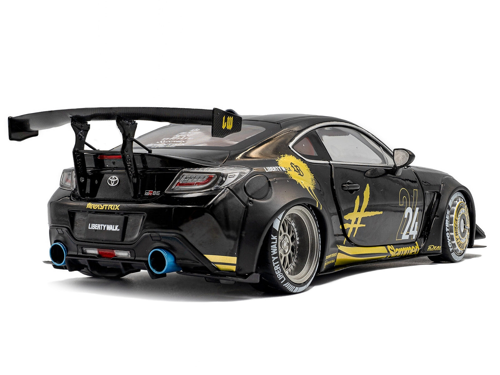 2024 Toyota GR86 Liberty Walk Body Kit RHD (Right Hand Drive) #24 Black with Gold Graphics 1/18 Diecast Model Car by Solido