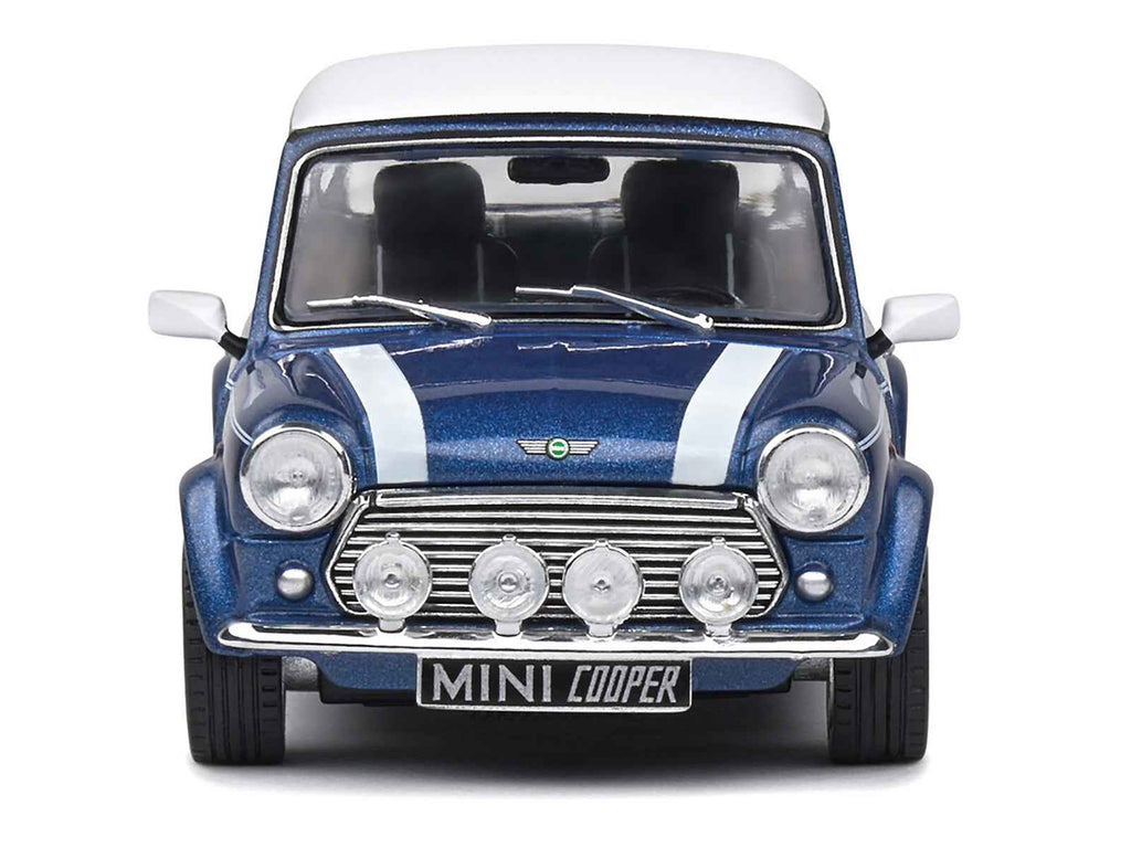 1994 Mini Cooper Sport Tahiti Blue Metallic with White Top and Stripes 1/43 Diecast Model Car by Solido
