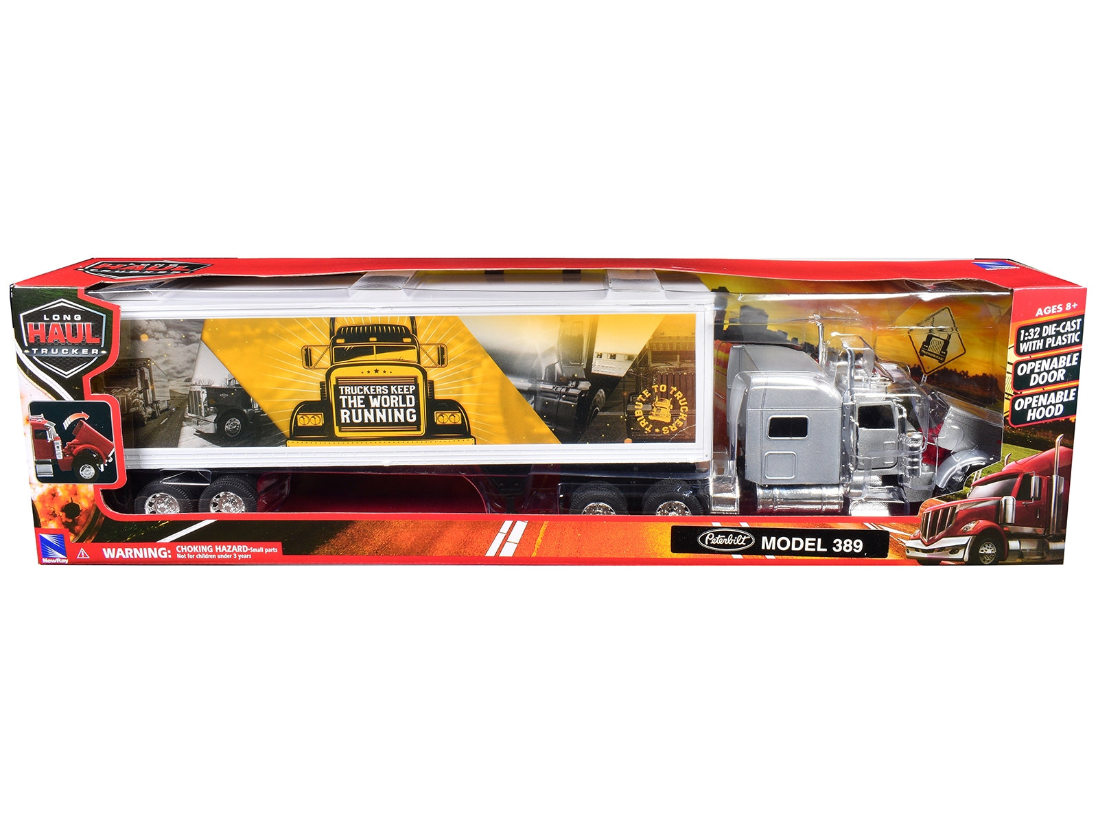 Peterbilt 389 Truck Silver Metallic with Dry Van Trailer "Trucker Keep The World Running" "Long Haul Truckers" Series 1/32 Diecast Model by New Ray