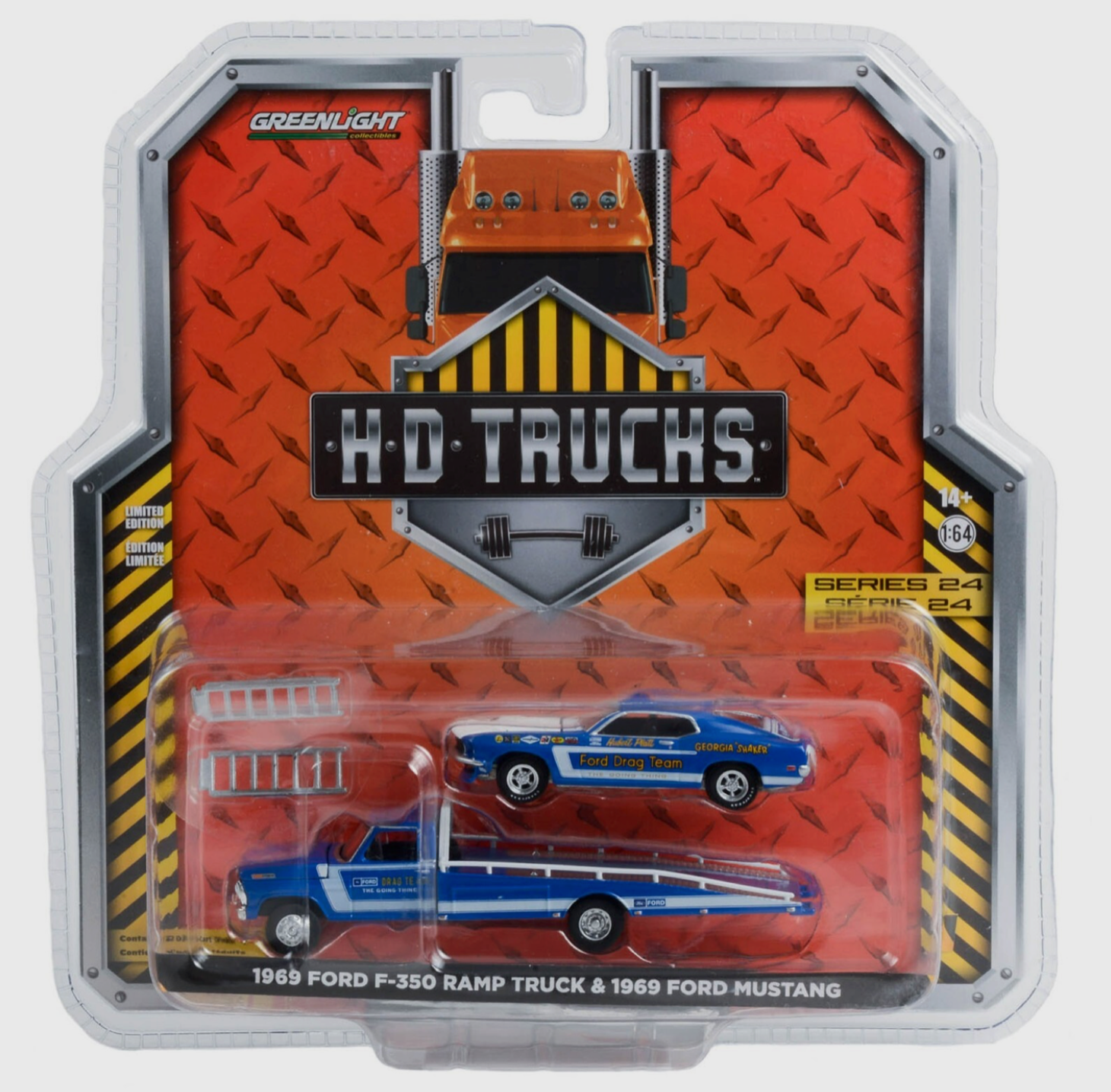 NEW 1:64 GreenLight *HD TRUCKS 24* Ford Drag Team 1969 F350 Ramp & Mustang