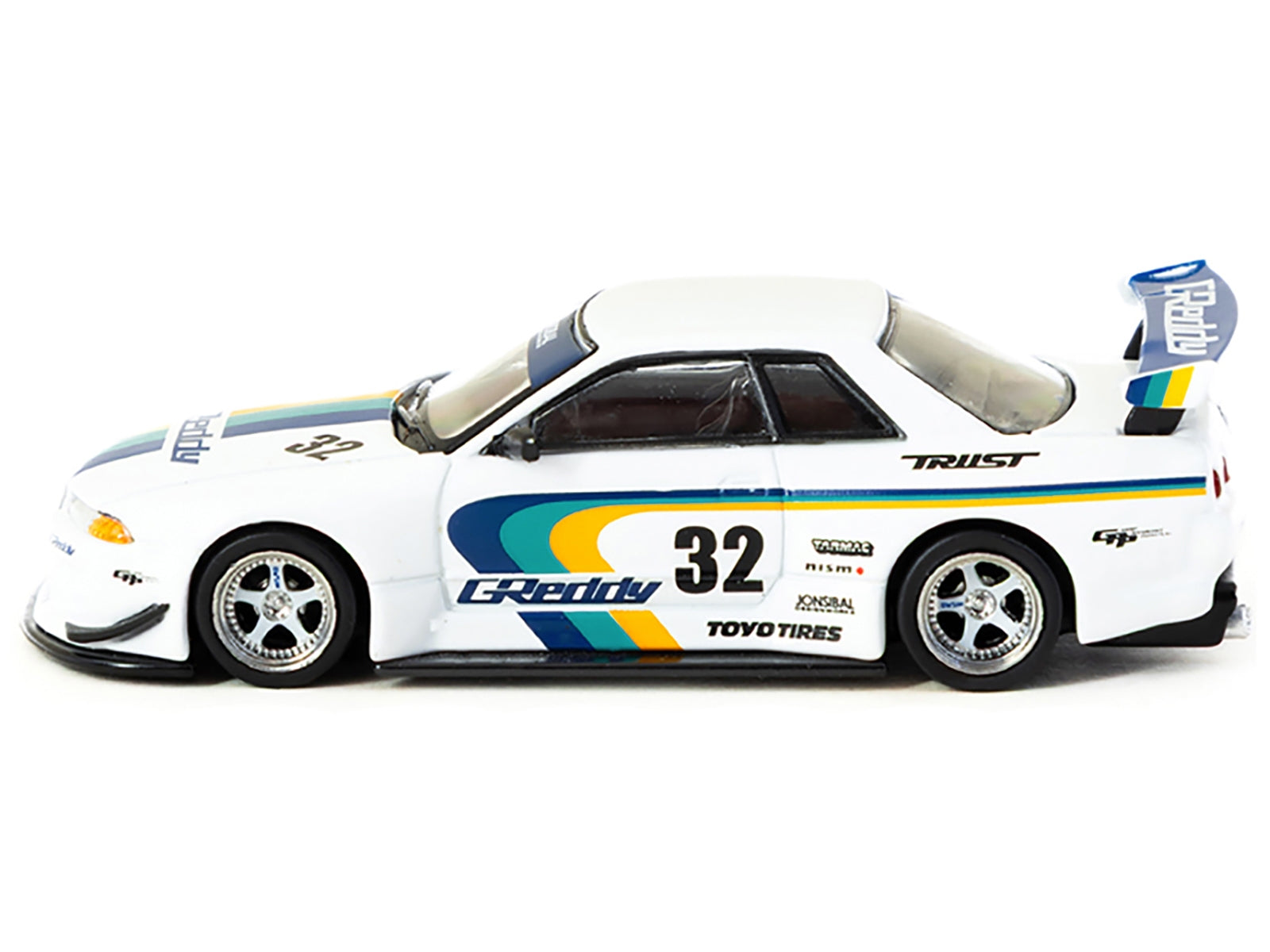 Nissan Skyline GT-R (R32) Widebody RHD (Right Hand Drive) #32 "Greddy - Jonsibal Designworks" White with Stripes "Global64" Series 1/64 Diecast Model by Tarmac Works