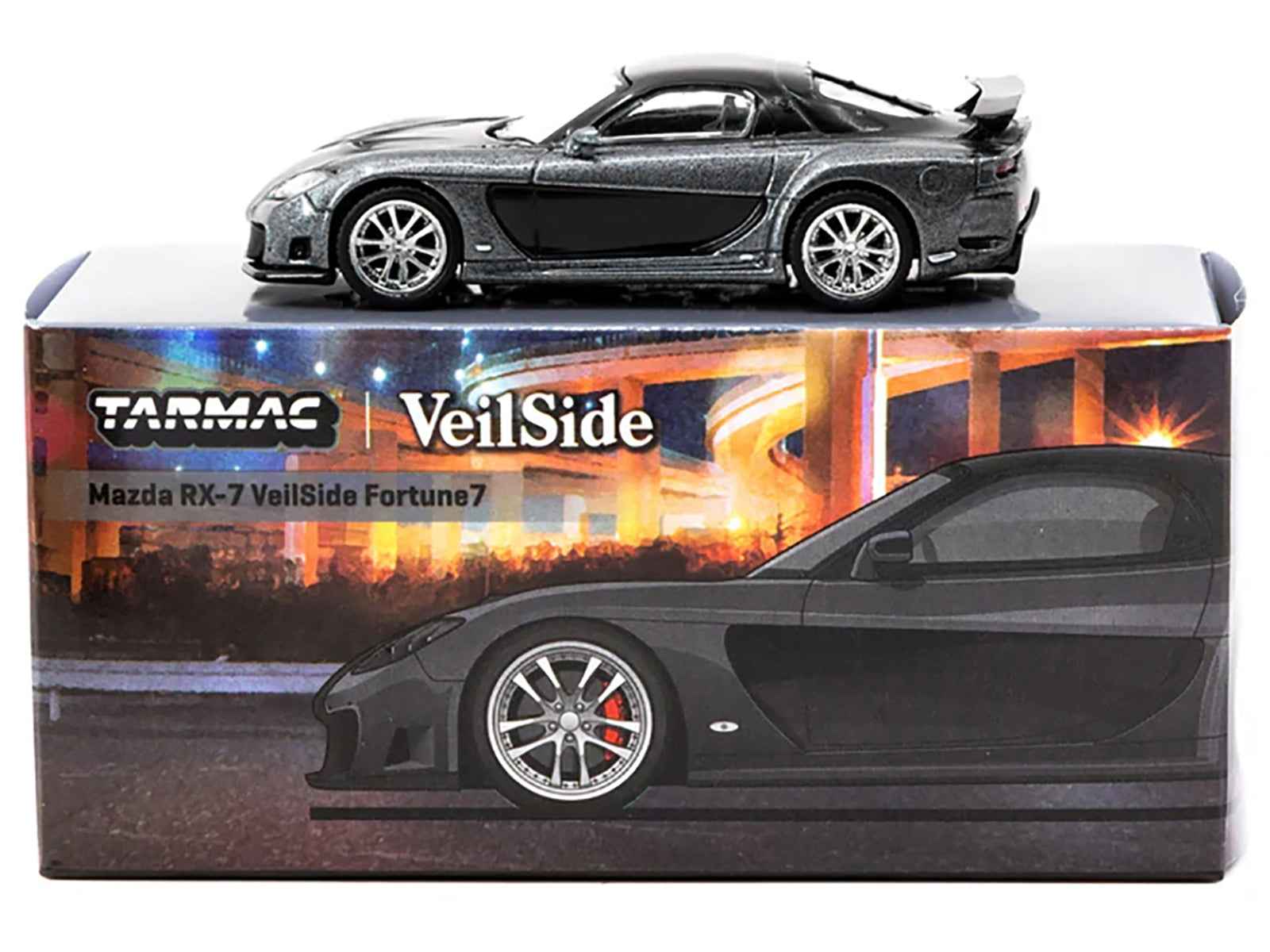 Mazda RX-7 "VeilSide Fortune7" RHD (Right Hand Drive) Gray Metallic and Black "Global64" Series 1/64 Diecast Model Car by Tarmac Works