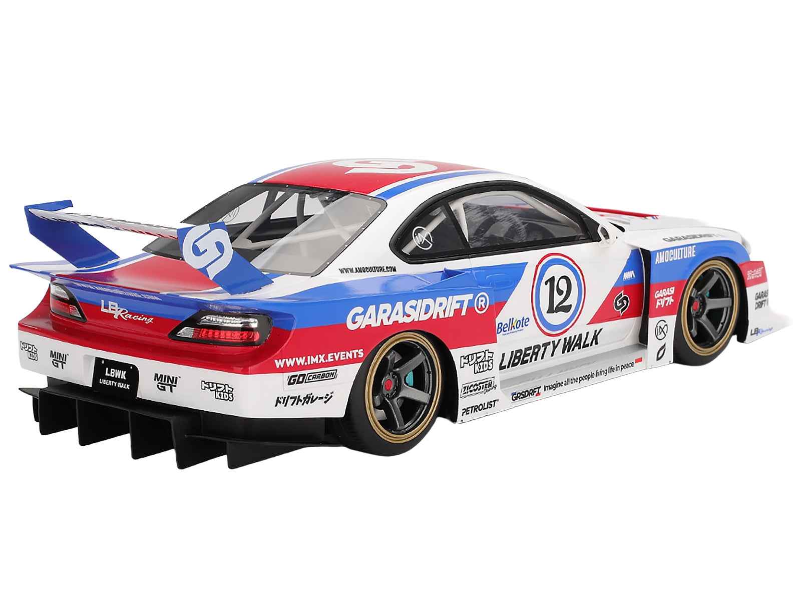 Nissan "LB-Super Silhouette" S15 SILVIA RHD (Right Hand Drive) #12 "GARASIDRIFT" White with Red and Blue Graphics 1/18 Model Car by Top Speed